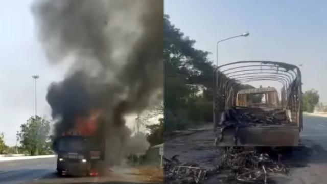 Toàn bộ xe của Đội tuyển xe đạp Việt Nam bị cháy rụi trên đường vận chuyển